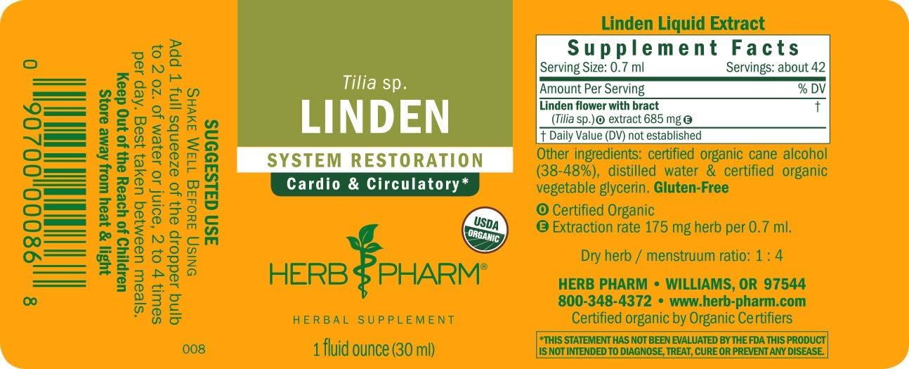 Herb Pharm Linden Liquid Extract - 1oz for Cardiovascular & Circulatory Health