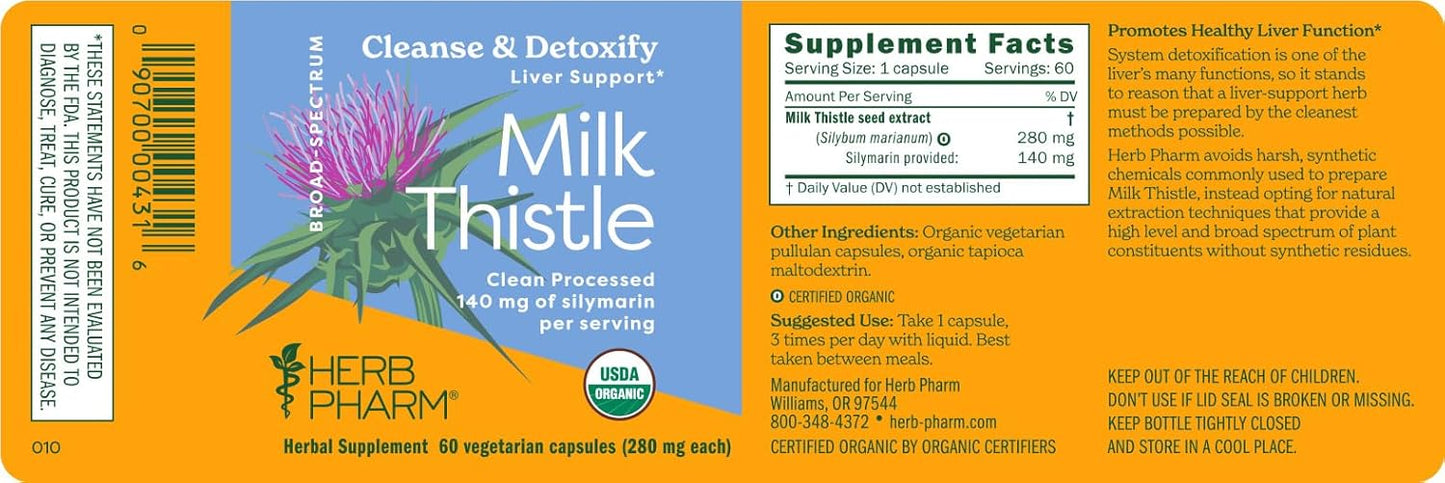 Herb Pharm Milk Thistle Seed Extract Capsules - 140mg Silymarin for Liver Health - 60 Vegetarian Pills