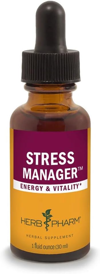 Herb Pharm Stress Manager Tincture: Adaptogenic Support for Stress, Rhodiola Rosea, Holy Basil, Reishi Mushroom, Adrenal Function, Vegan, Non-GMO - 1 Oz