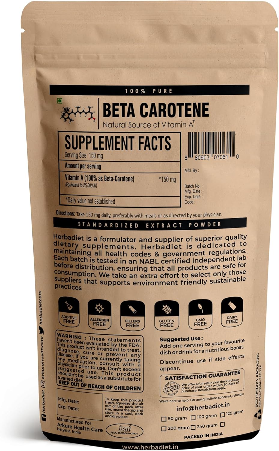 Herbadiet Beta Carotene Powder 10% Vitamin A 25000 IU | Natural Antioxidant & Immune System Support | Cartenoids for Vision, Eyes & Skin | 1.76 oz (50g)