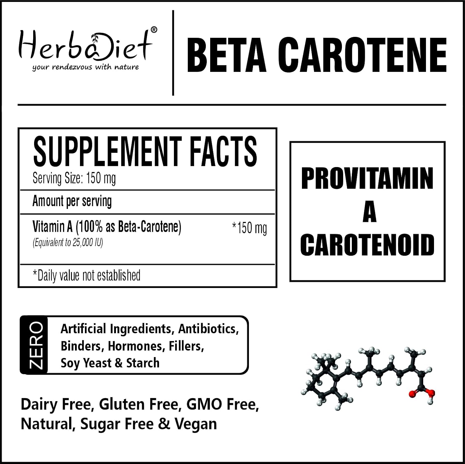 Herbadiet Beta Carotene Powder 10% Vitamin A 25000 IU | Natural Antioxidant & Immune System Support | Cartenoids for Vision, Eyes & Skin | 1.76 oz (50g)