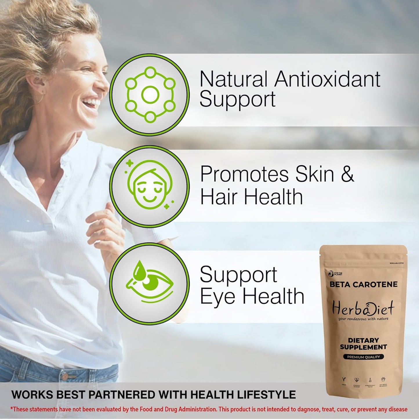 Herbadiet Beta Carotene Powder 10% Vitamin A 25000 IU | Natural Antioxidant & Immune System Support | Cartenoids for Vision, Eyes & Skin | 1.76 oz (50g)