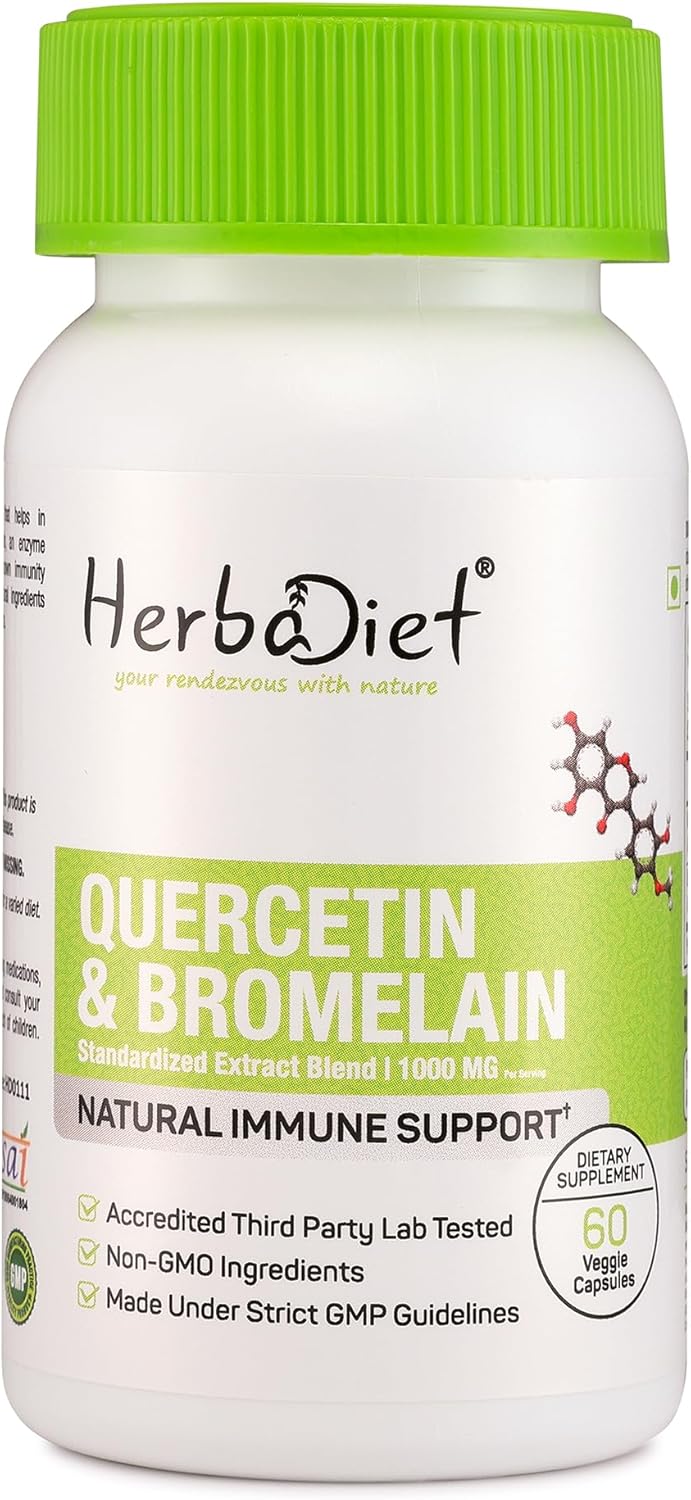Herbadiet Quercetin with Bromelain 500mg Capsules - Immune & Heart Health Support, Antioxidant & Joint Supplement - Non-GMO, Vegan, Gluten-Free (120 Caps)