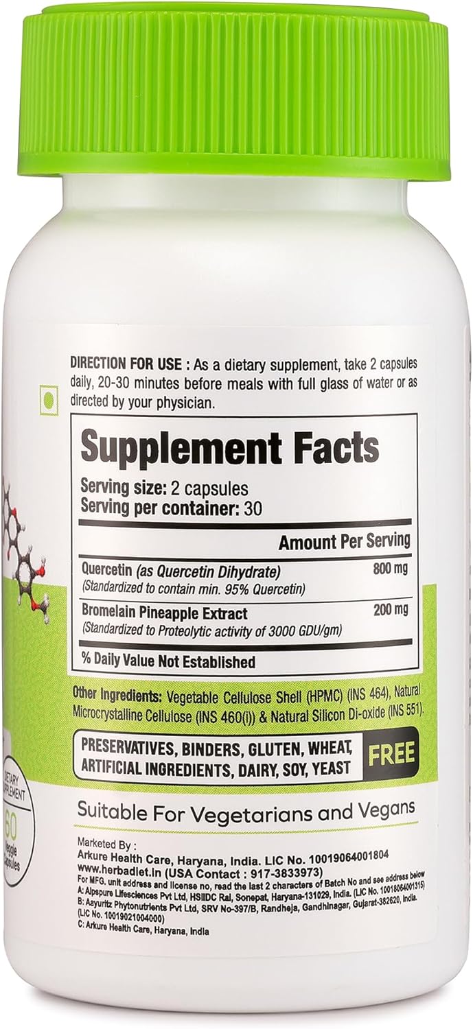 Herbadiet Quercetin with Bromelain 500mg Capsules - Immune & Heart Health Support, Antioxidant & Joint Supplement - Non-GMO, Vegan, Gluten-Free (120 Caps)