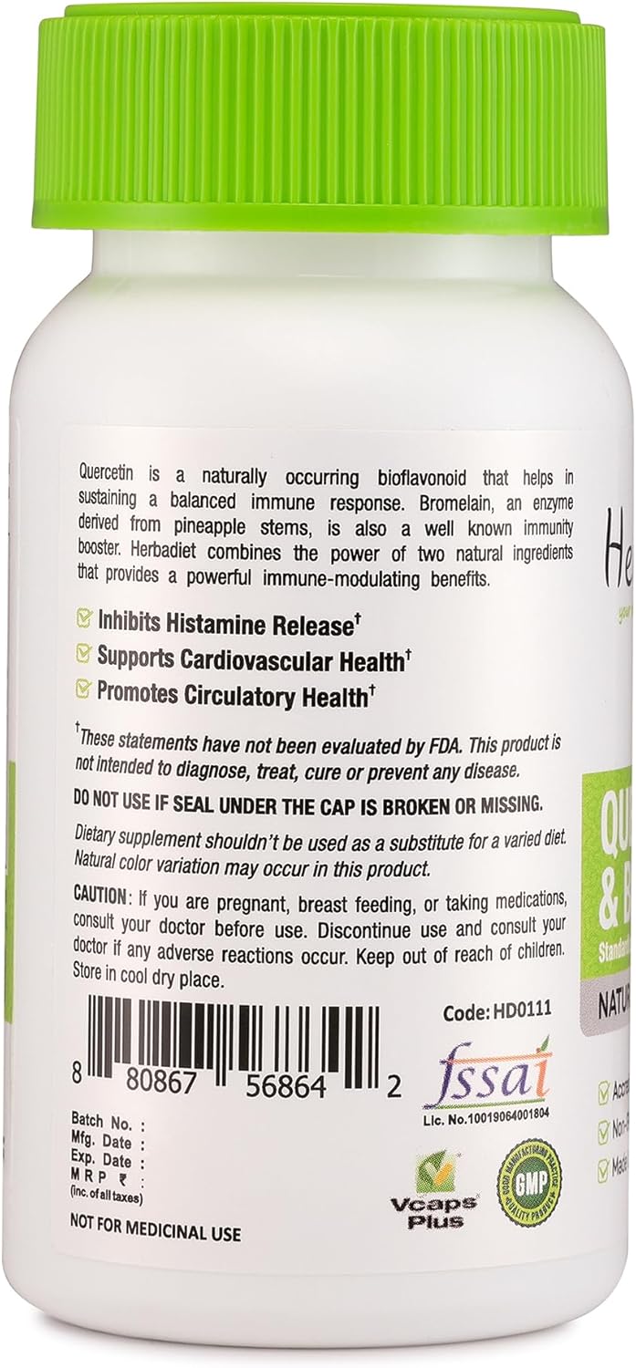 Herbadiet Quercetin with Bromelain 500mg Capsules - Immune & Heart Health Support, Antioxidant & Joint Supplement - Non-GMO, Vegan, Gluten-Free (120 Caps)