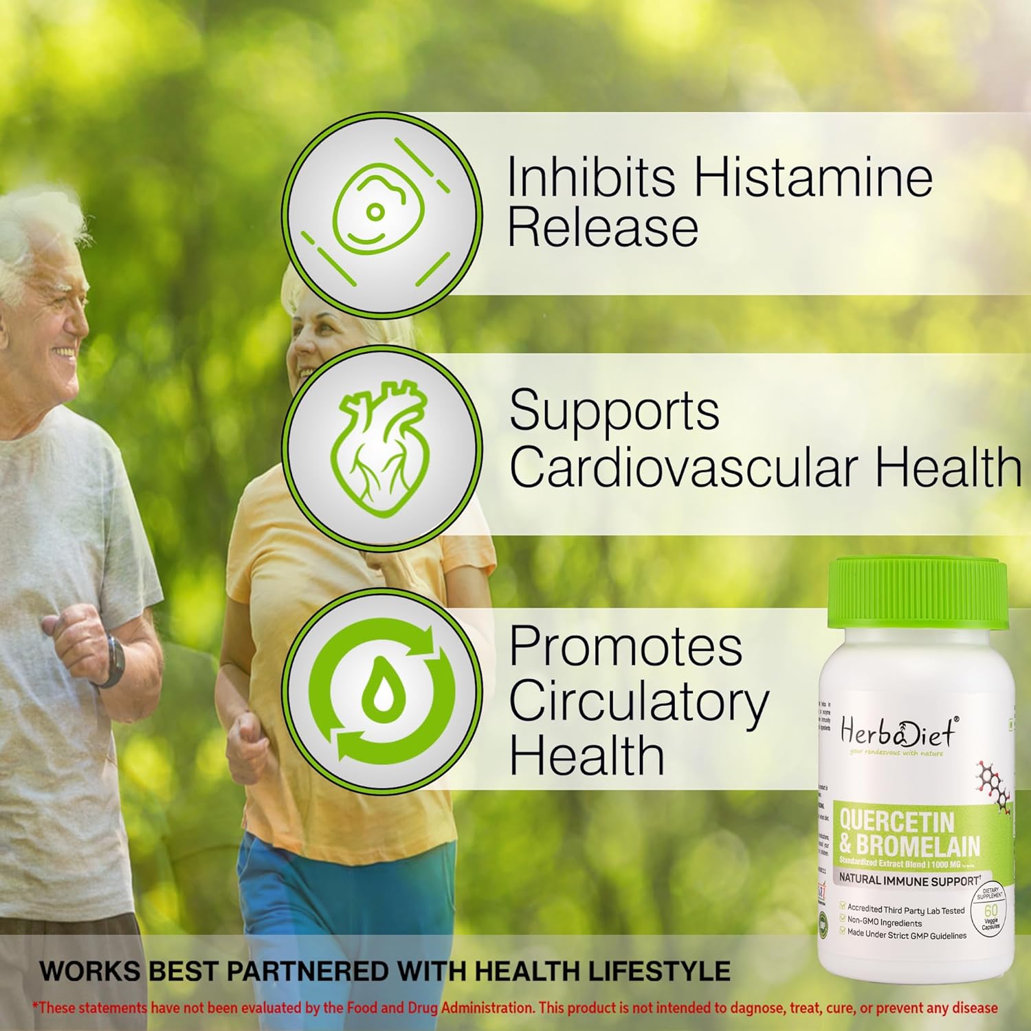 Herbadiet Quercetin with Bromelain 500mg Capsules - Immune & Heart Health Support, Antioxidant & Joint Supplement - Non-GMO, Vegan, Gluten-Free (120 Caps)