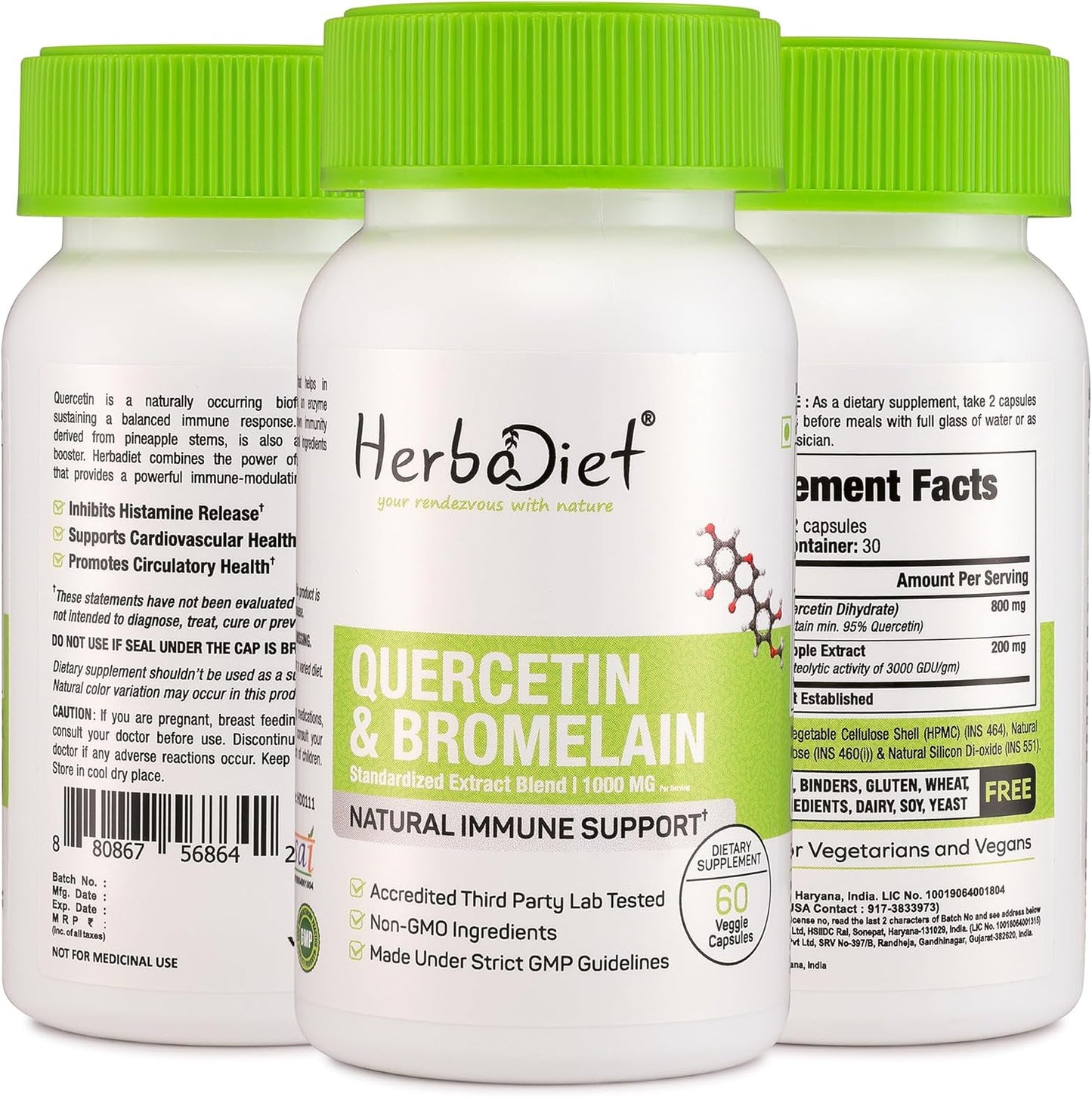 Herbadiet Quercetin with Bromelain 500mg Capsules - Immune & Heart Health Support, Antioxidant & Joint Supplement - Non-GMO, Vegan, Gluten-Free (120 Caps)