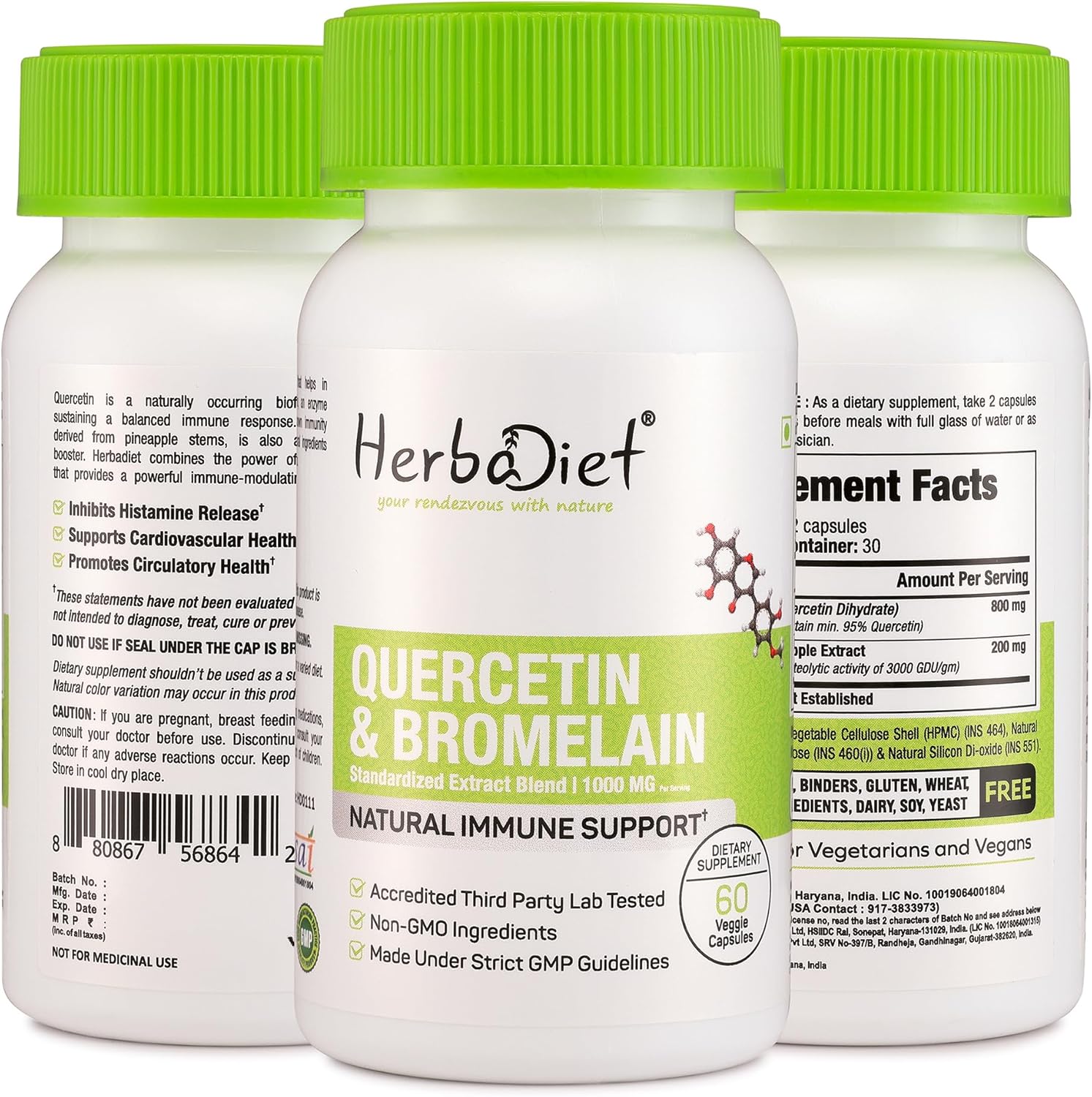 Herbadiet Quercetin with Bromelain 500mg Capsules - Immune & Heart Health Support, Antioxidant & Joint Supplement - Non-GMO, Vegan, Gluten-Free (120 Caps)
