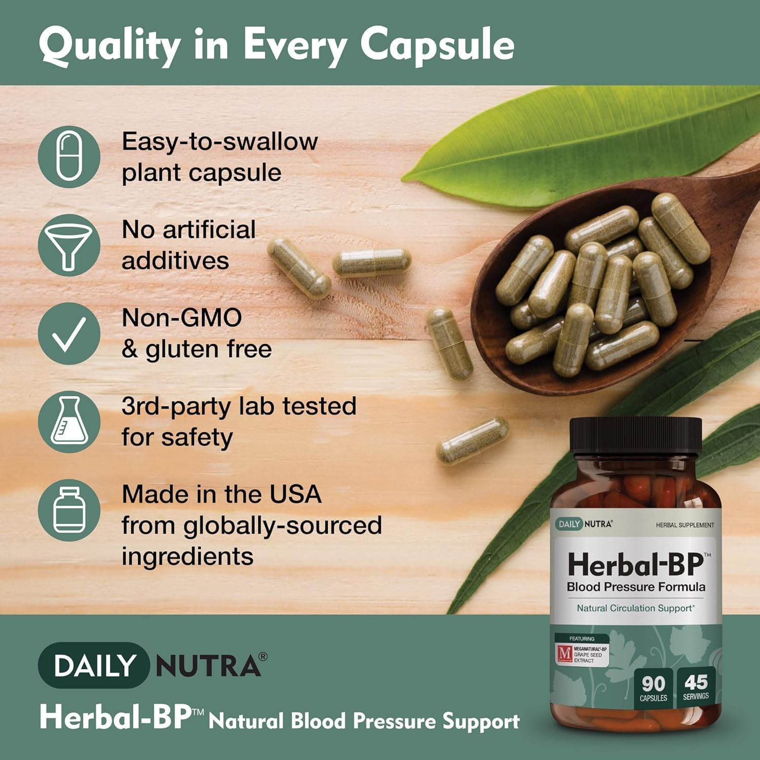 Herbal-BP Natural Blood Pressure Supplement with Grape Seed Extract - 90 Capsules for Circulatory Health
