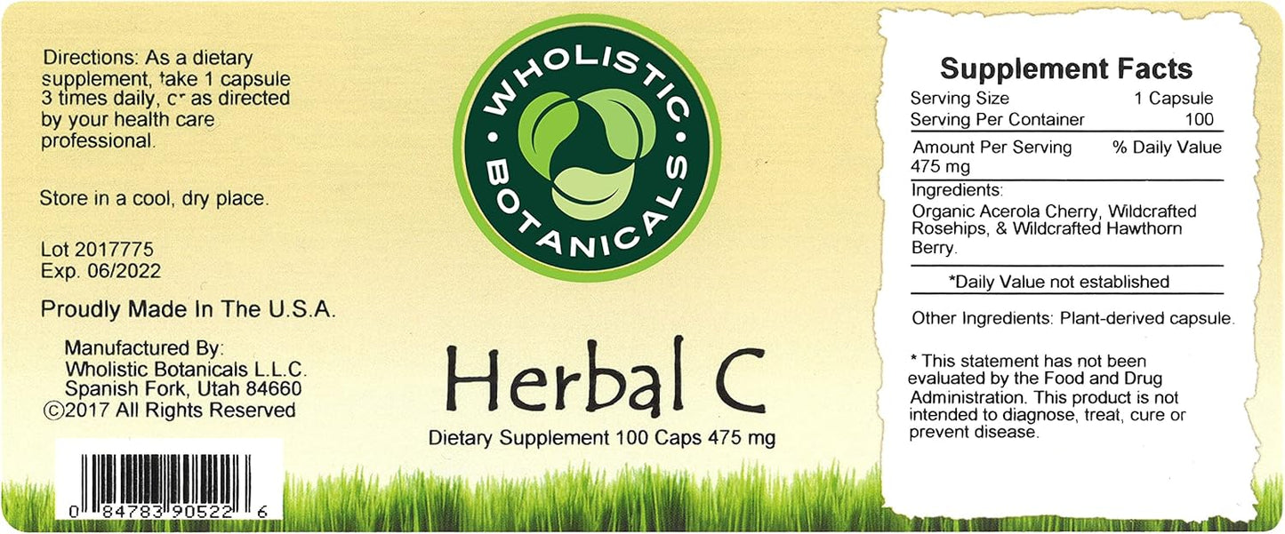Herbal C Capsules - Vitamin C Supplements for Immune Support and Antioxidant Boost - 100 ct Bottle