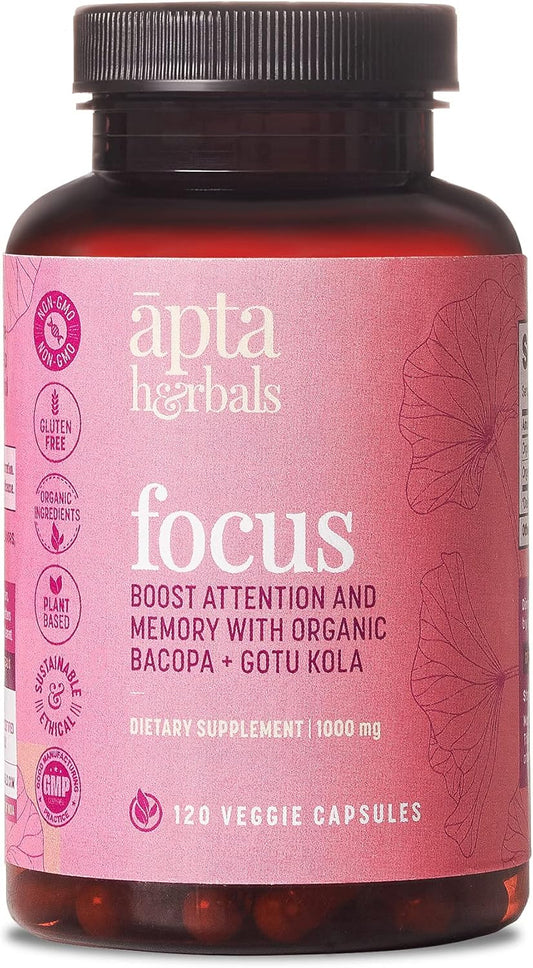 Herbal Focus Supplements, 120 Veggie Capsules, Enhance Concentration, Memory Apta Herbals