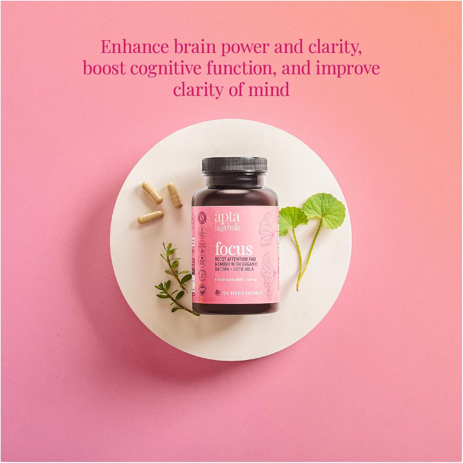 Herbal Focus Supplements, 120 Veggie Capsules, Enhance Concentration, Memory Apta Herbals