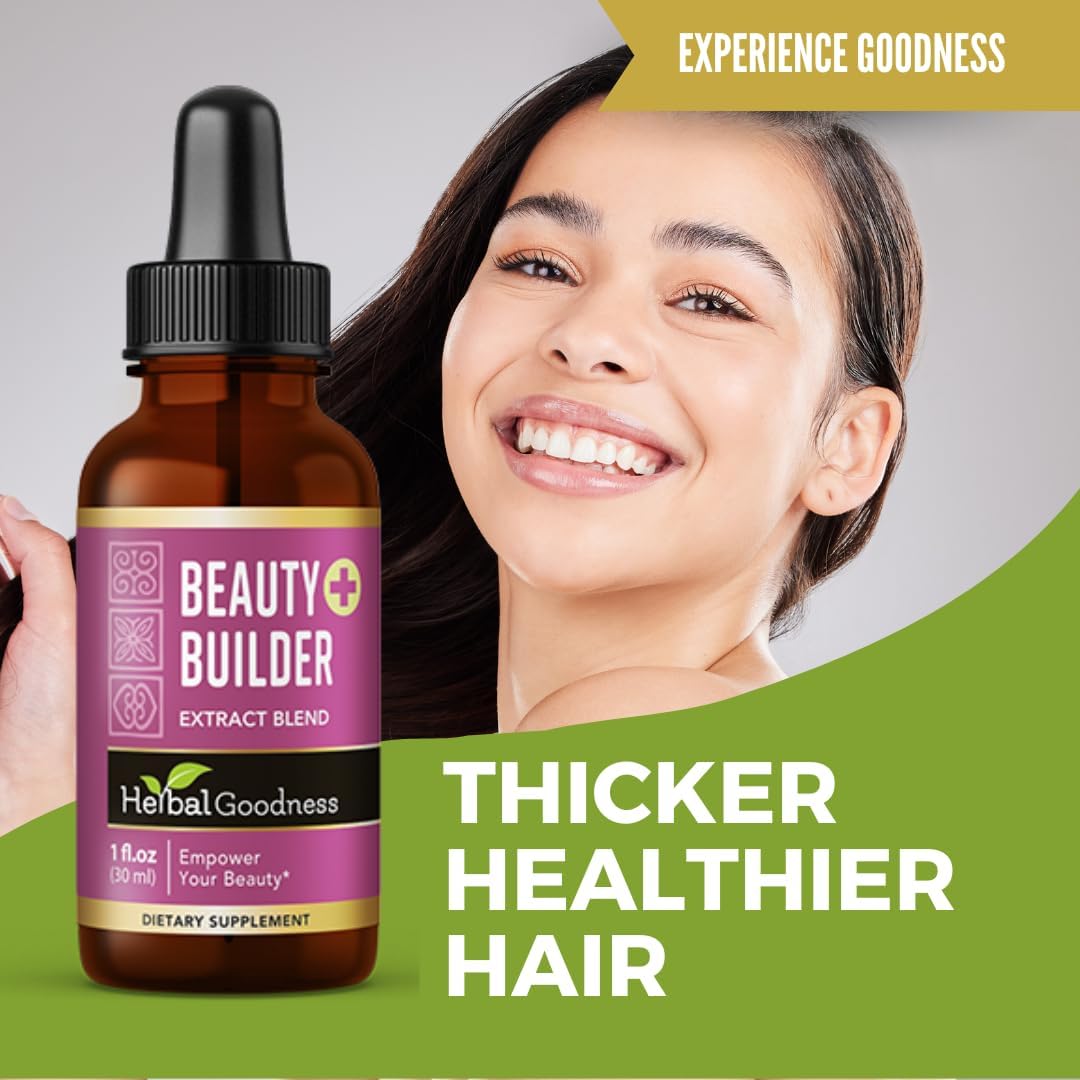 Herbal Goodness Beauty Builder 1oz - Collagen with Biotin & Hyaluronic Acid for Women - Hair Growth, Skin Hydration, Nail Support - Anti-Aging Beauty Booster with Marigold & Guava Leaf