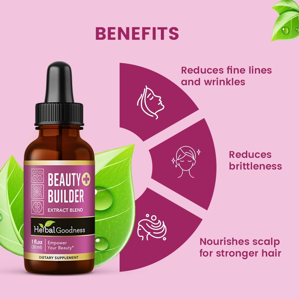 Herbal Goodness Beauty Builder 1oz - Collagen with Biotin & Hyaluronic Acid for Women - Hair Growth, Skin Hydration, Nail Support - Anti-Aging Beauty Booster with Marigold & Guava Leaf