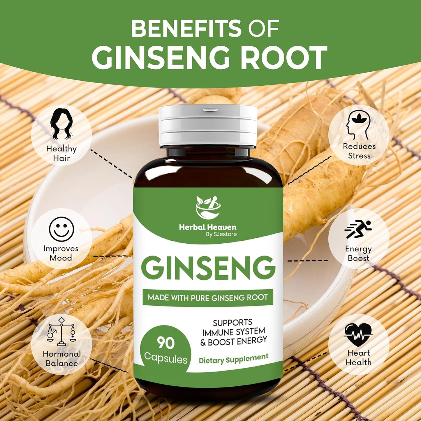 Herbal Heaven Ginseng Capsules - 90 Count Natural Energy and Focus Supplement for Vitality and Wellness