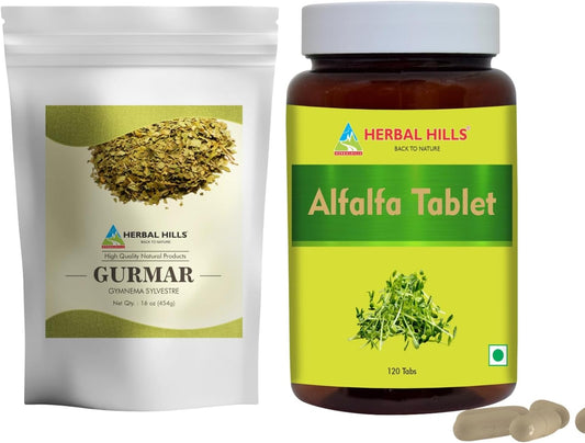 HERBAL HILLS Gurmar Tea Powder and Alfalfa Tablet Combo Pack - Set of 2
