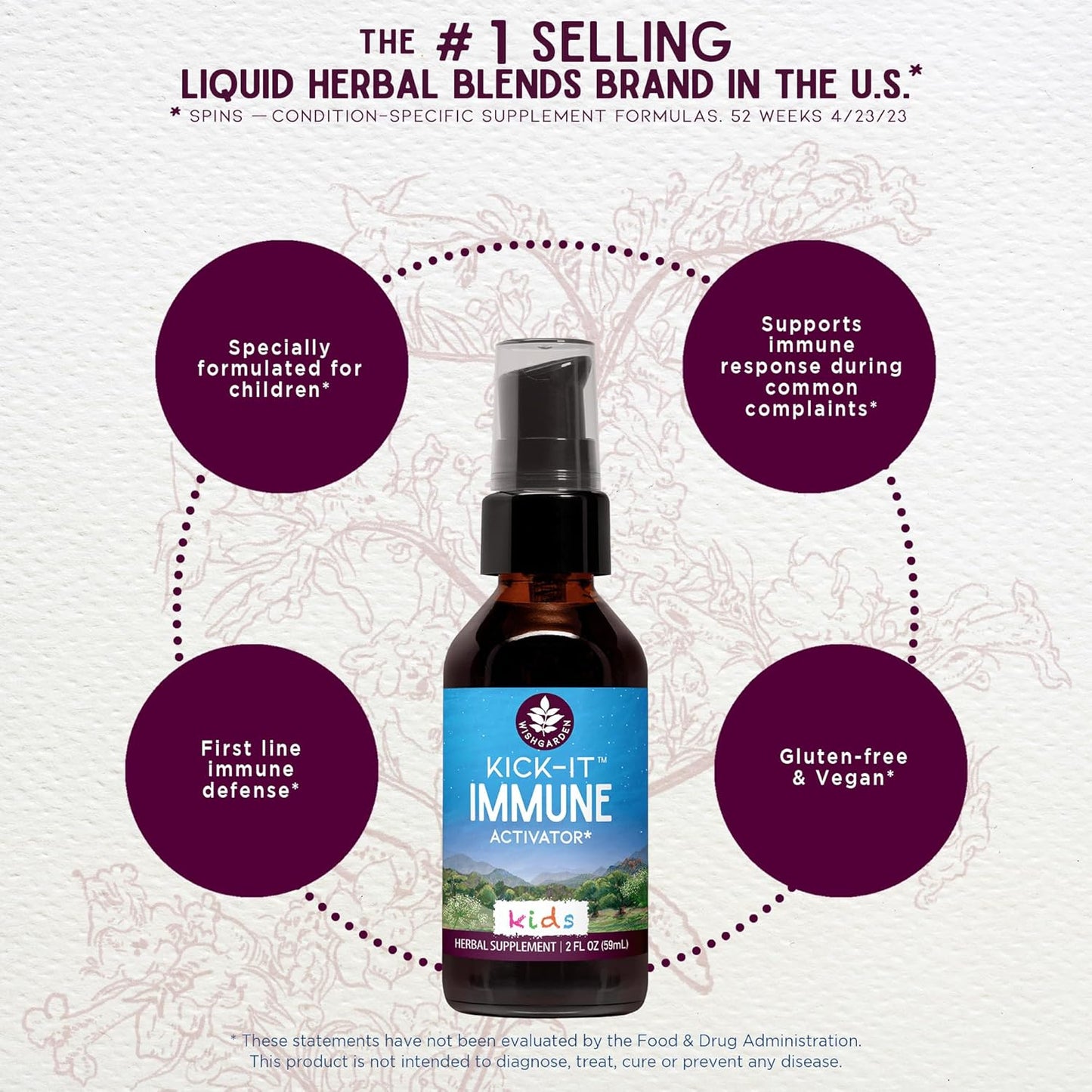 Herbal Immune Support Supplement for Kids - WishGarden Herbs Kick-It Immune Formula with Echinacea, OSHA, Elder, 4oz