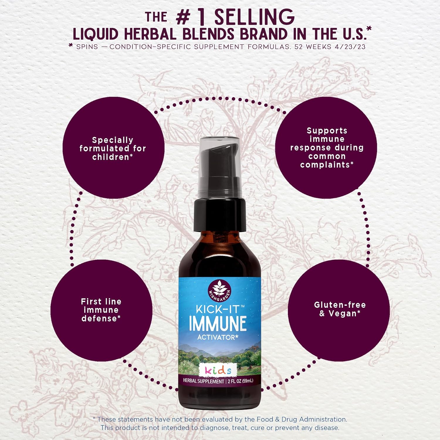 Herbal Immune Support Supplement for Kids - WishGarden Herbs Kick-It Immune Formula with Echinacea, OSHA, Elder, 4oz