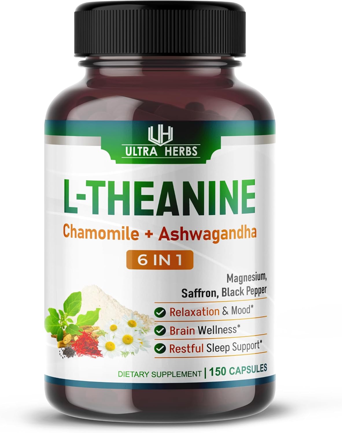 Herbal L-Theanine Supplement with 6-in-1 Complex for Relaxation, Calmness & Sleep Quality - 150 Capsules with Magnesium, Ashwagandha, Saffron, Chamomile