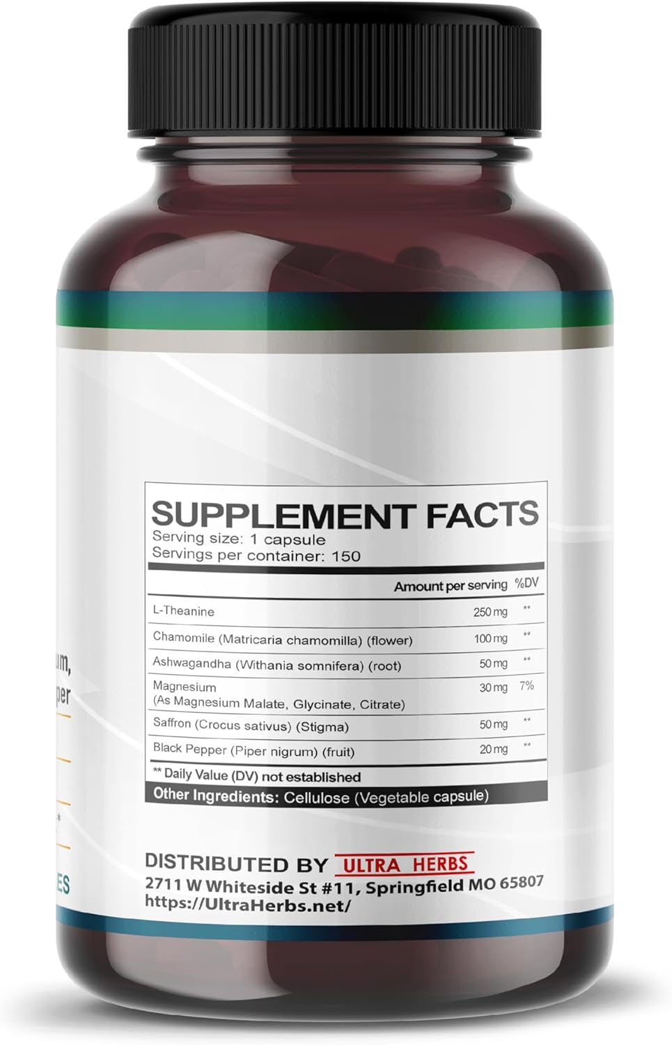 Herbal L-Theanine Supplement with 6-in-1 Complex for Relaxation, Calmness & Sleep Quality - 150 Capsules with Magnesium, Ashwagandha, Saffron, Chamomile