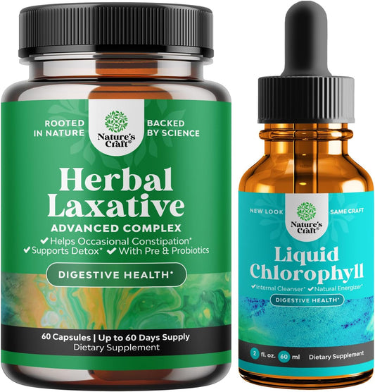 Herbal Laxative Capsules with Probiotics and Chlorophyll Drops - Natural Colon Detox Support System - Mint Flavored Digestive Aid