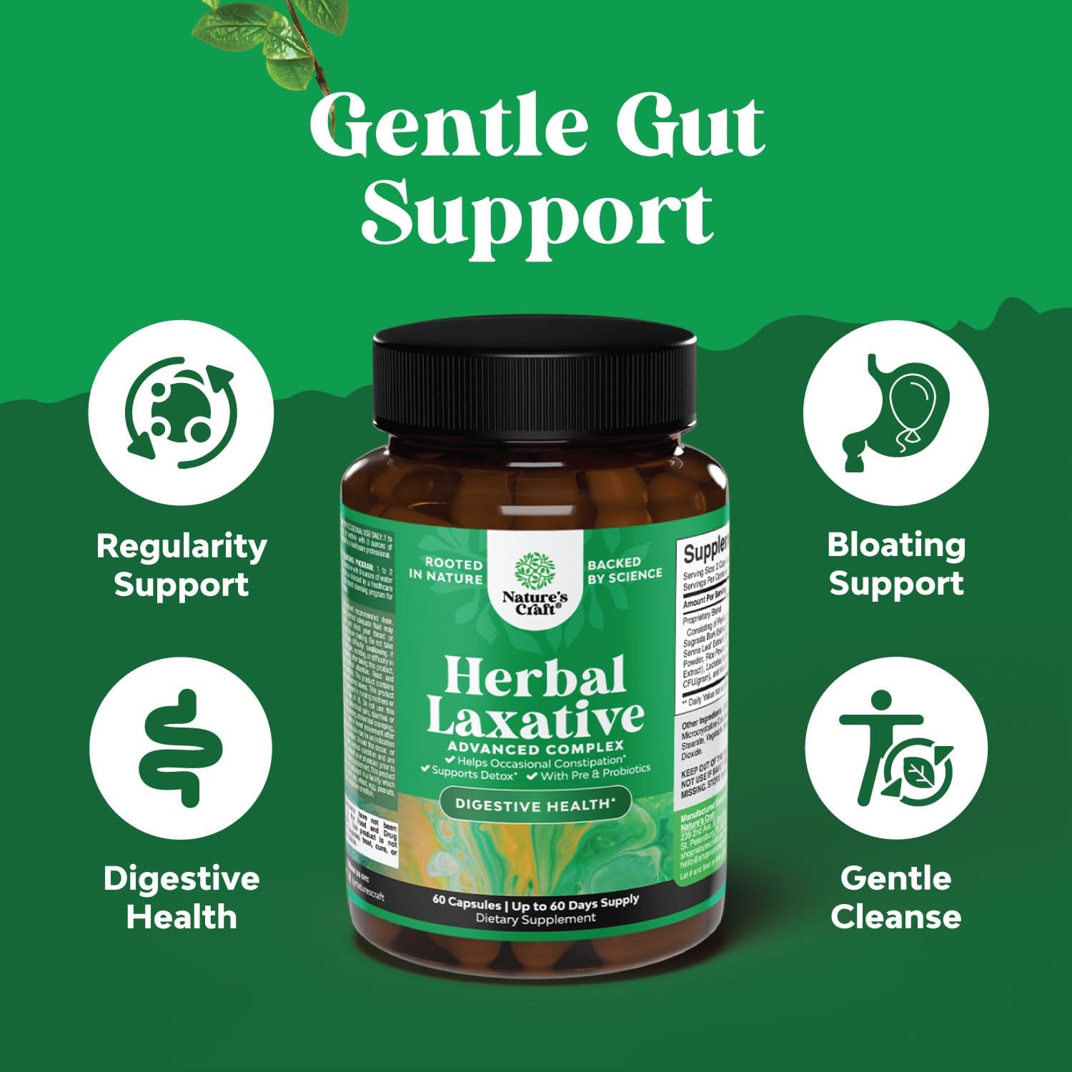 Herbal Laxative Capsules with Probiotics and Chlorophyll Drops - Natural Colon Detox Support System - Mint Flavored Digestive Aid