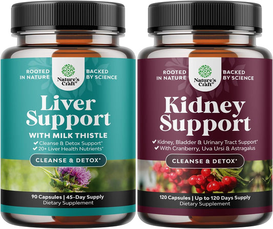 Herbal Liver and Kidney Support Bundle for Detox & Health - Liver Cleanse, Repair Formula, Cranberry Supplement for Men & Women