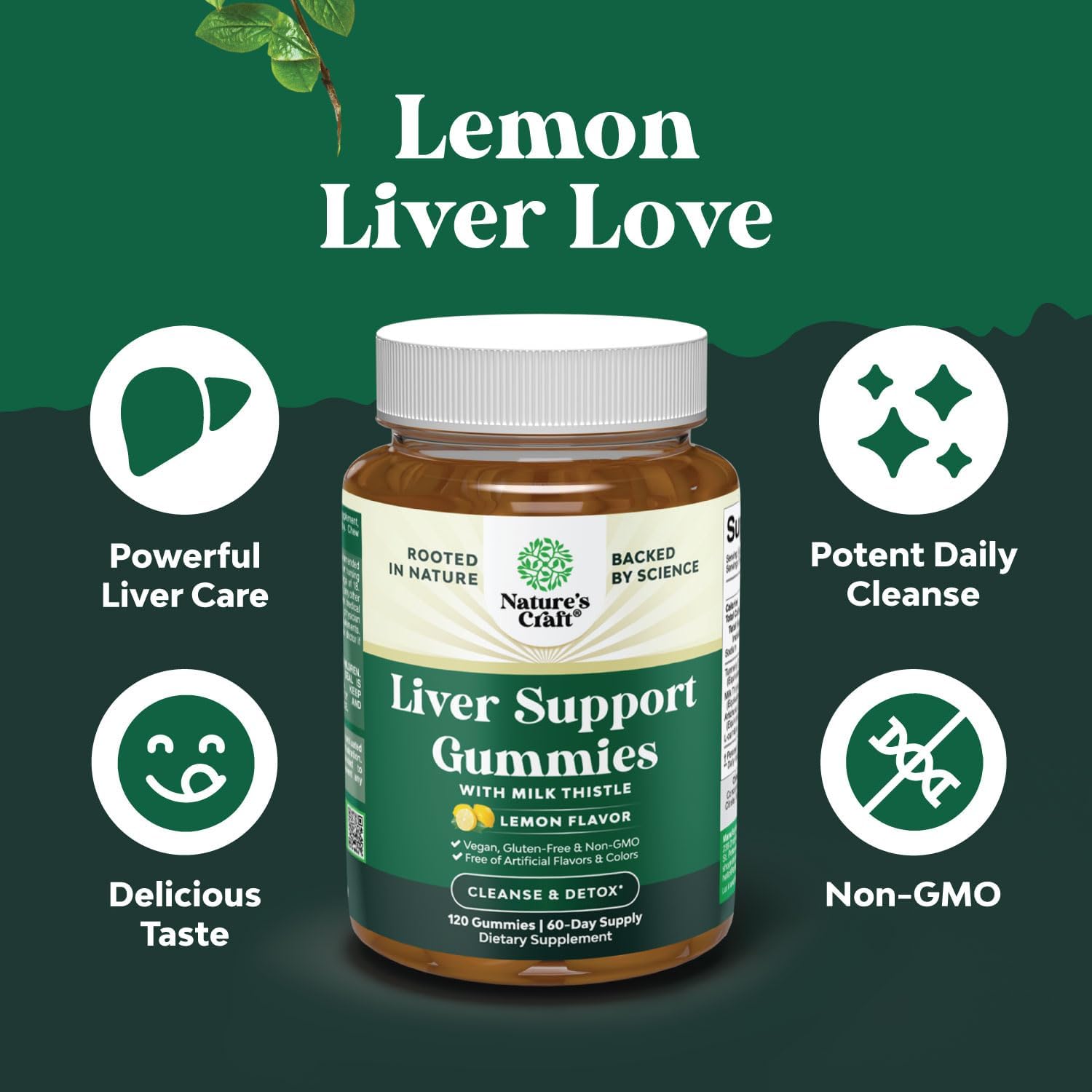 Herbal Liver Detox Gummies with Milk Thistle, Artichoke, Turmeric & L-Carnitine - Vegan & Non-GMO - Sweet Lemon - 60 Servings