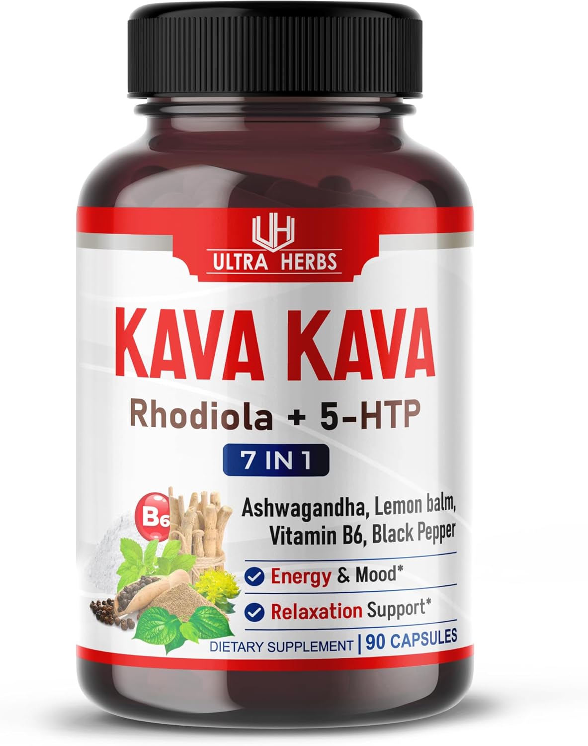 Herbal Mood Support Supplement with Kava Kava, Ashwagandha, 5-HTP, Rhodiola, Lemon Balm | 90 Capsules for Relaxation
