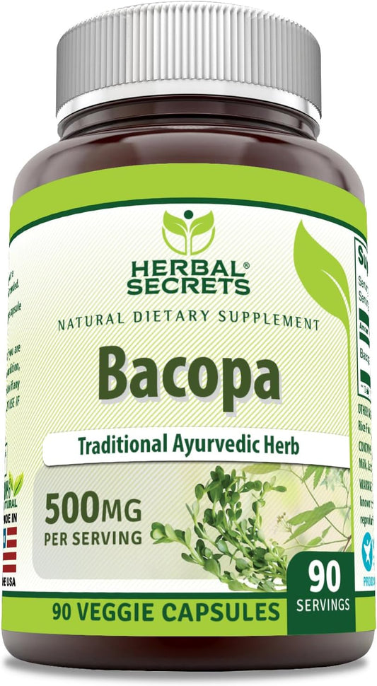 Herbal Secrets Bacopa Powder 500 Mg - 90 Veggie Capsules - Non-GMO - Gluten-Free - USA Made - Herbal Brain Health Supplement