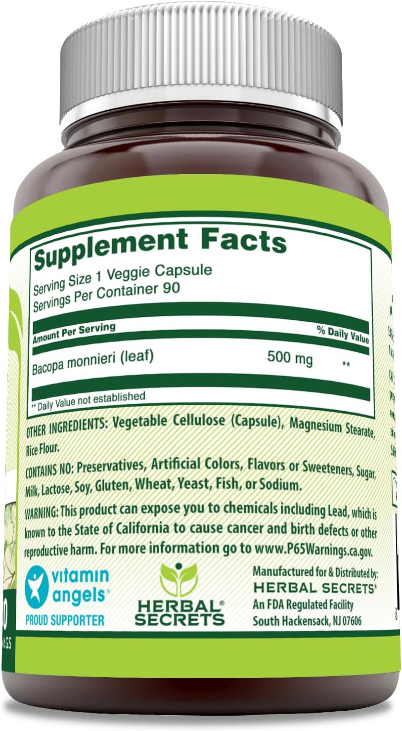 Herbal Secrets Bacopa Powder 500 Mg - 90 Veggie Capsules - Non-GMO - Gluten-Free - USA Made - Herbal Brain Health Supplement