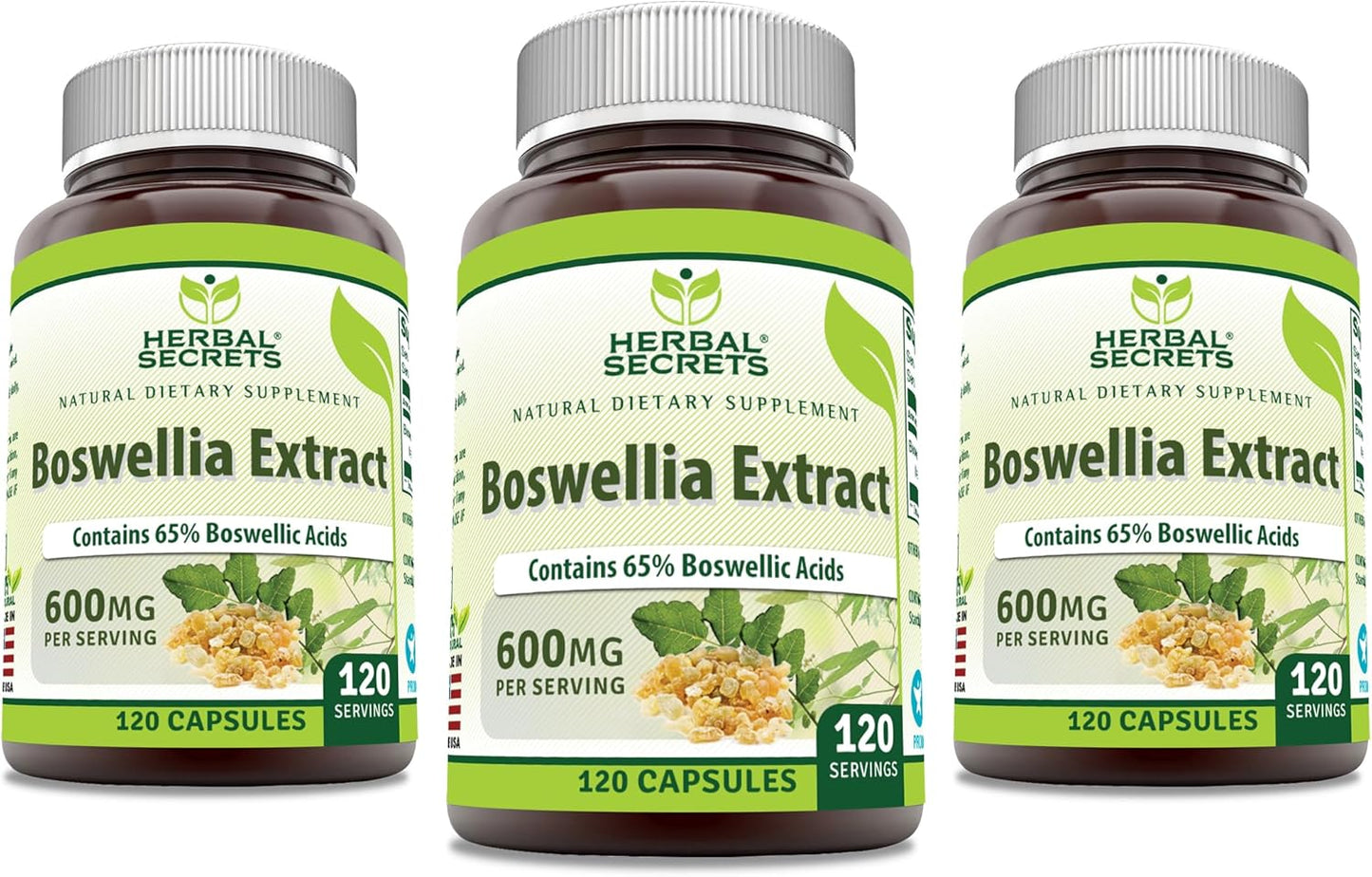 Herbal Secrets Boswellia Serrata Extract Capsules - 600 mg (65% Boswellic Acids) | Non-GMO, Gluten Free | 120 Capsules, 3 Pack