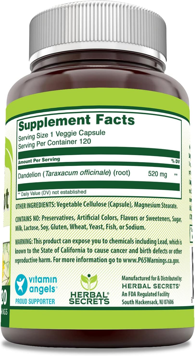 Herbal Secrets Dandelion Root Capsules - 520 Mg - 120 Veggie Caps - Non-GMO - Gluten Free - USA Made