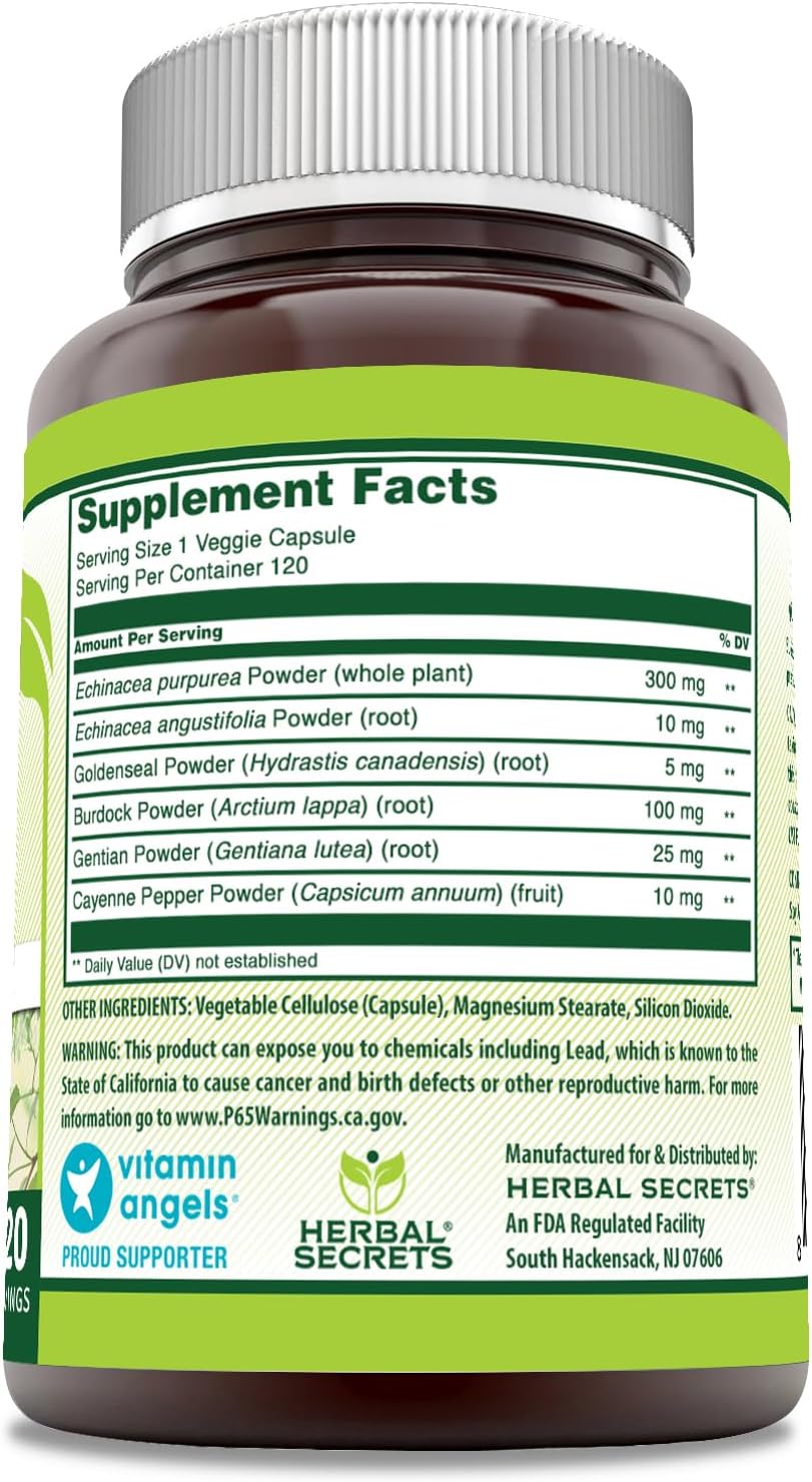 Herbal Secrets Echinacea & Goldenseal Root Supplement - 450 Mg Per Serving - Veggie Capsules - Non-GMO - Gluten-Free - Made in USA - 120 Count