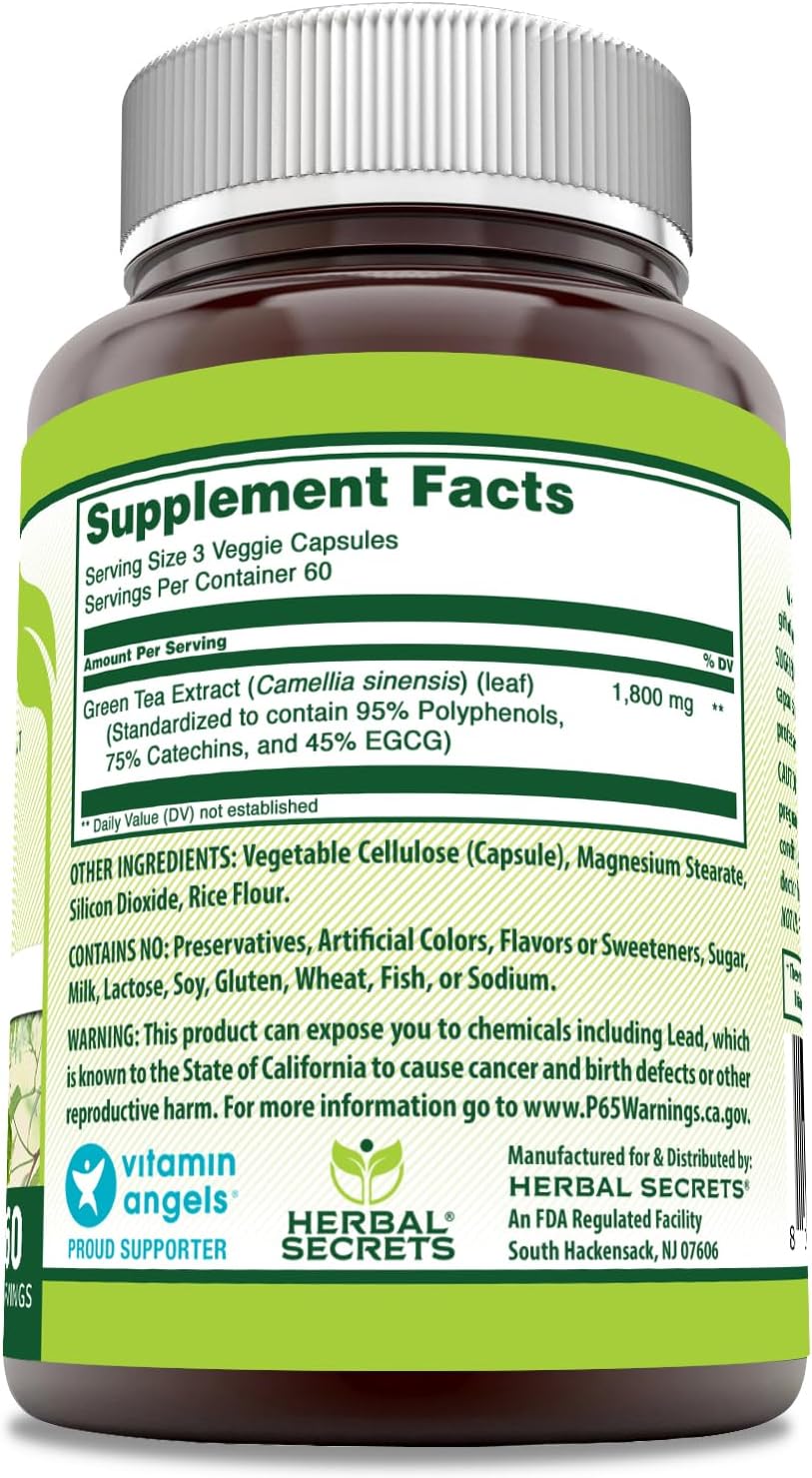 Herbal Secrets EGCG Green Tea Extract 1800mg Veggie Capsules - Non-GMO Gluten Free Supplement, USA Made - 1 Pack, 180 Count