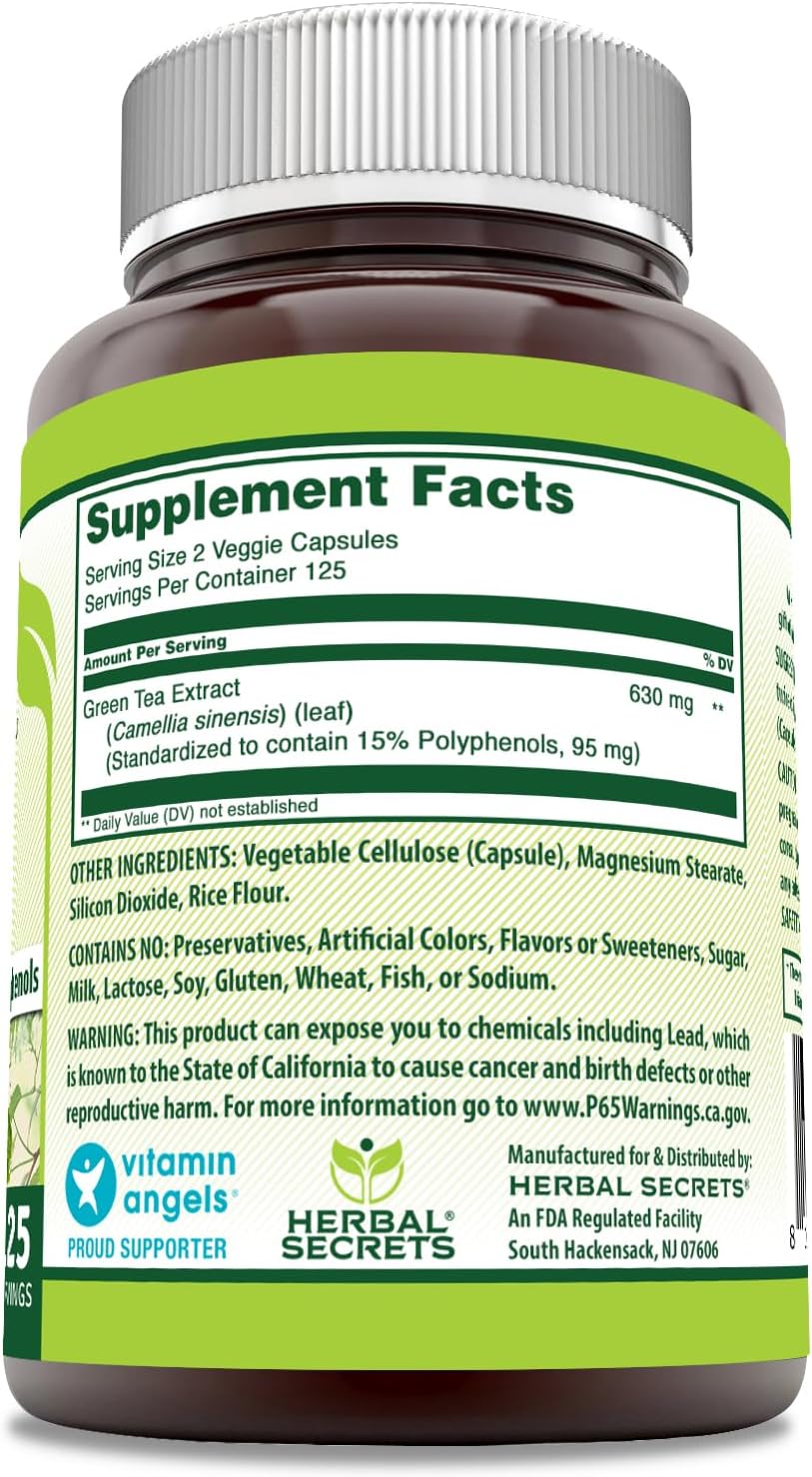 Herbal Secrets Green Tea Extract 630mg Veggie Capsules - Non-GMO & Gluten Free - Made in USA - 250 Count