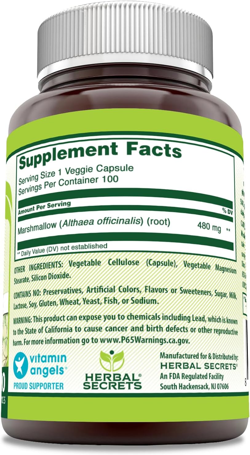 Herbal Secrets Marshmallow Extract Capsules - 480mg, 100 Count, Non-GMO, Gluten Free, USA Made