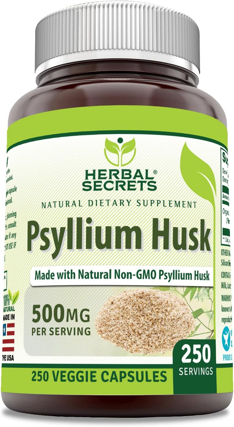 Herbal Secrets Psyllium Husk Supplement 500 mg - 250 Capsules - Non-GMO & Gluten Free - USA Made