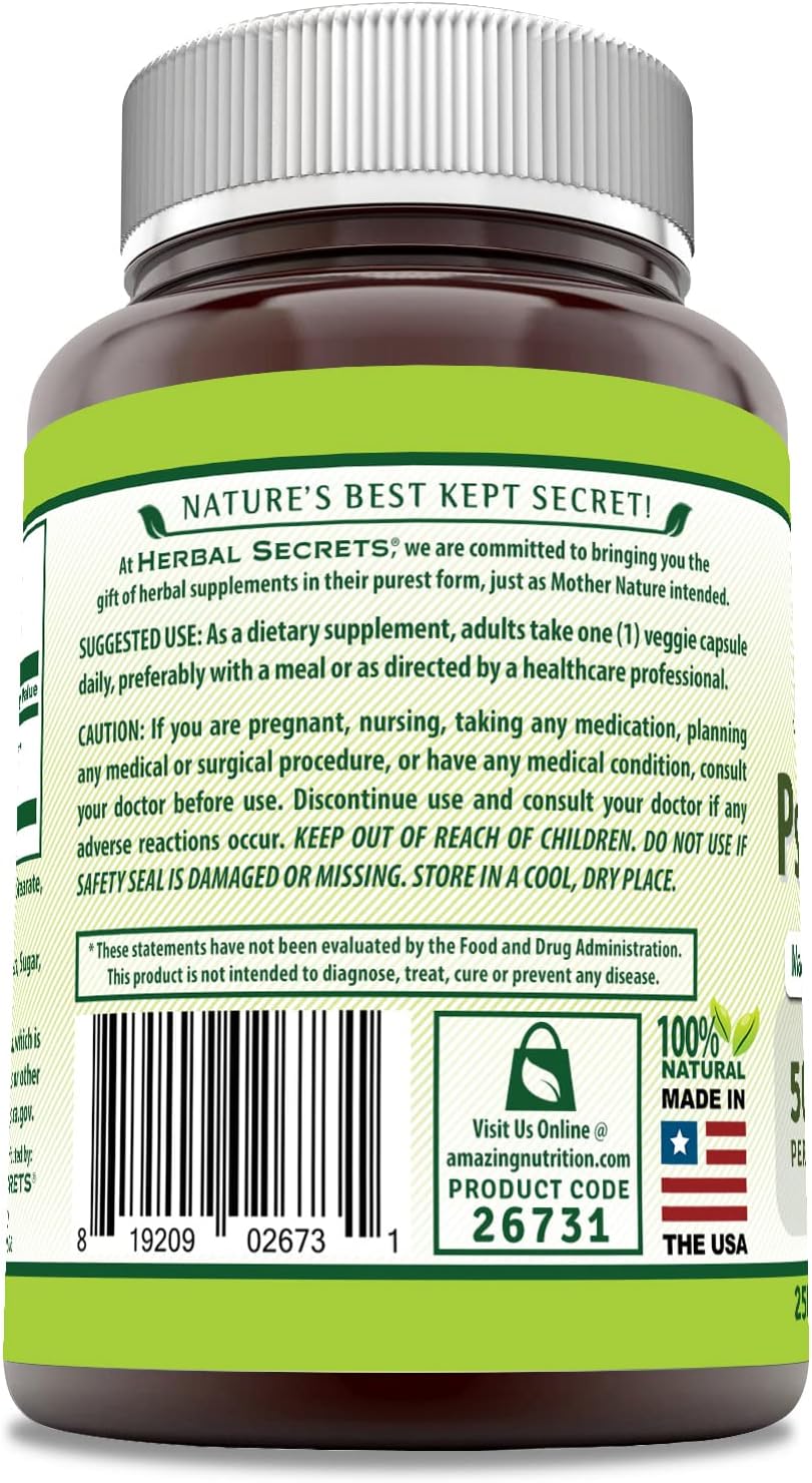 Herbal Secrets Psyllium Husk Supplement 500 mg - 250 Capsules - Non-GMO & Gluten Free - USA Made