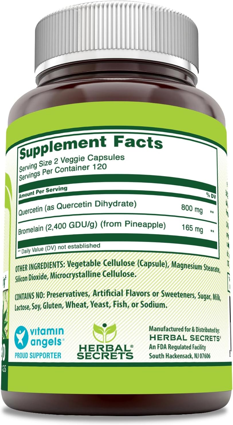 Herbal Secrets Quercetin 800mg with Bromelain 165mg Veggie Capsules - Non-GMO, Gluten Free, Made in USA - 240 Count, 965 mg Total
