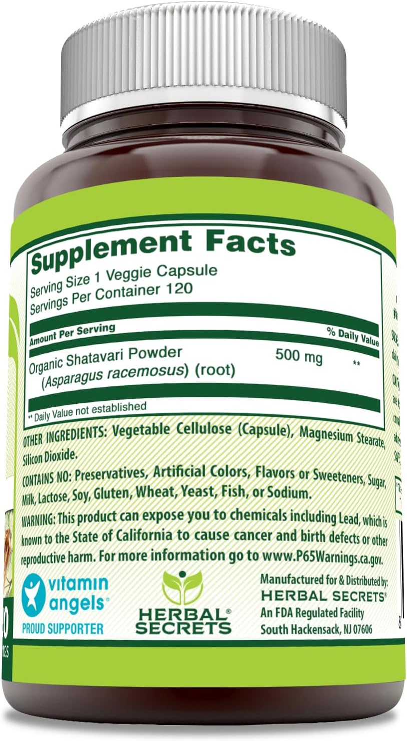 Herbal Secrets Shatavari Capsules - 500mg, 120 Veggie Caps, Non-GMO, Gluten-Free - USA Made