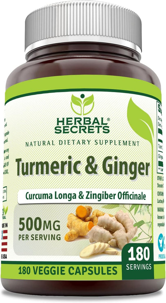 Herbal Secrets Turmeric and Ginger Veggie Capsules - 500 Mg Supplement, Non-GMO, Gluten Free, Made in USA - 180 Count