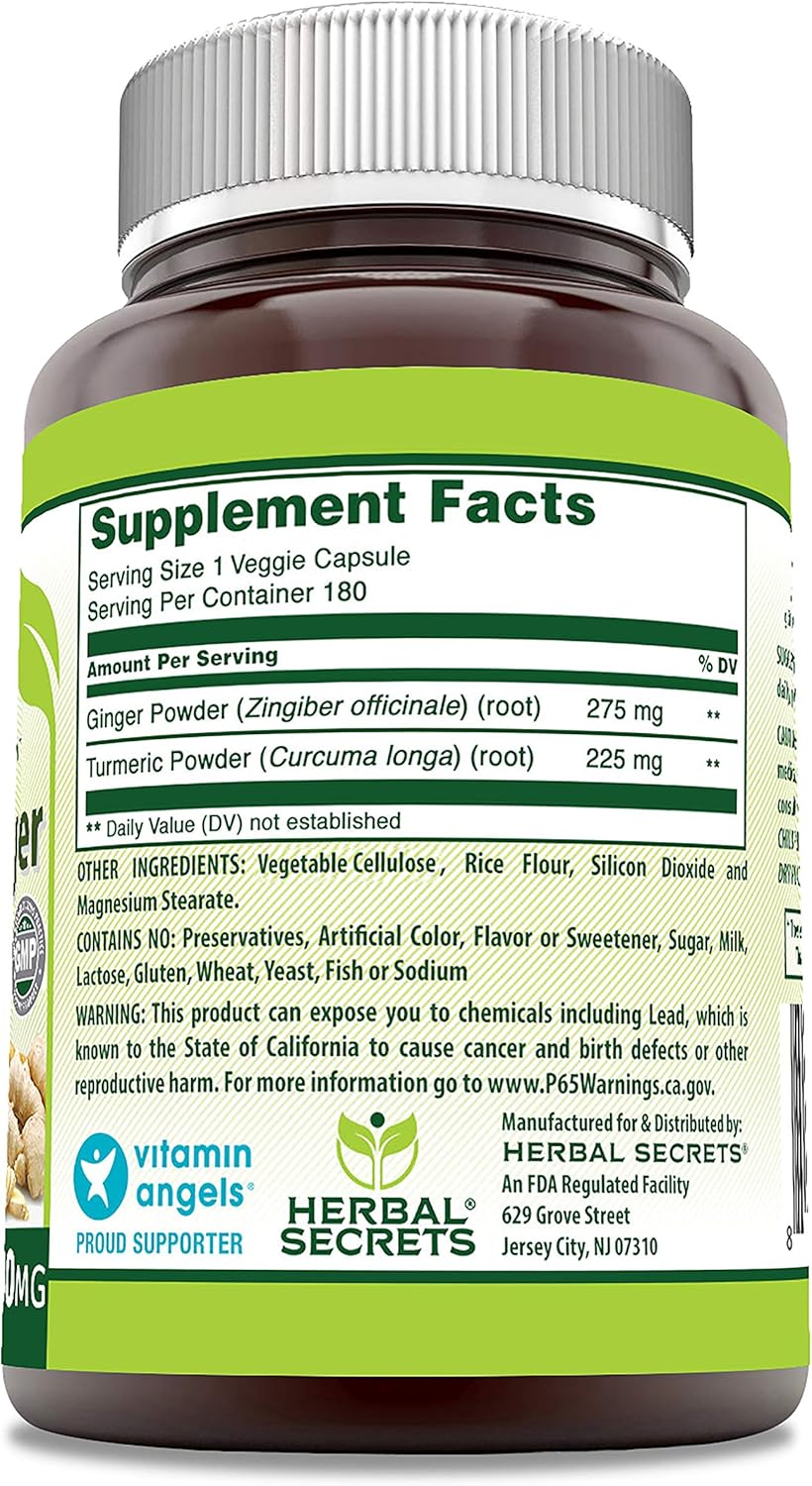 Herbal Secrets Turmeric and Ginger Veggie Capsules - 500 Mg Supplement, Non-GMO, Gluten Free, Made in USA - 180 Count