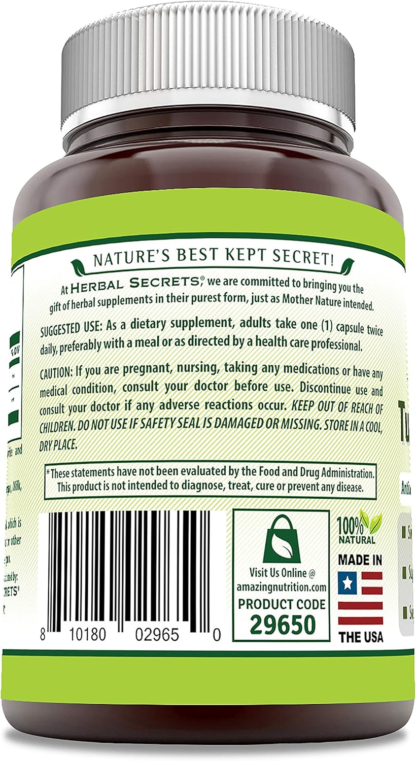 Herbal Secrets Turmeric and Ginger Veggie Capsules - 500 Mg Supplement, Non-GMO, Gluten Free, Made in USA - 180 Count