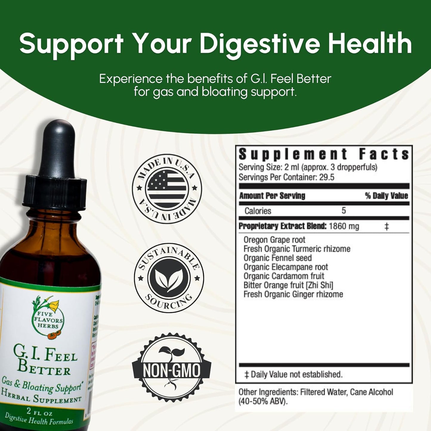 Herbal Supplement for Gas & Bloating - Digestive Health Formula with Turmeric, Elecampane, Ginger, Cardamom - 2 Fl Oz Tincture