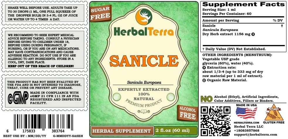 Herbal Terra Sanicle (Sanicula Europaea) Glycerite 2 oz Liquid Extract - Alcohol-Free Dried Herb Formula by Herbal Terra LLC