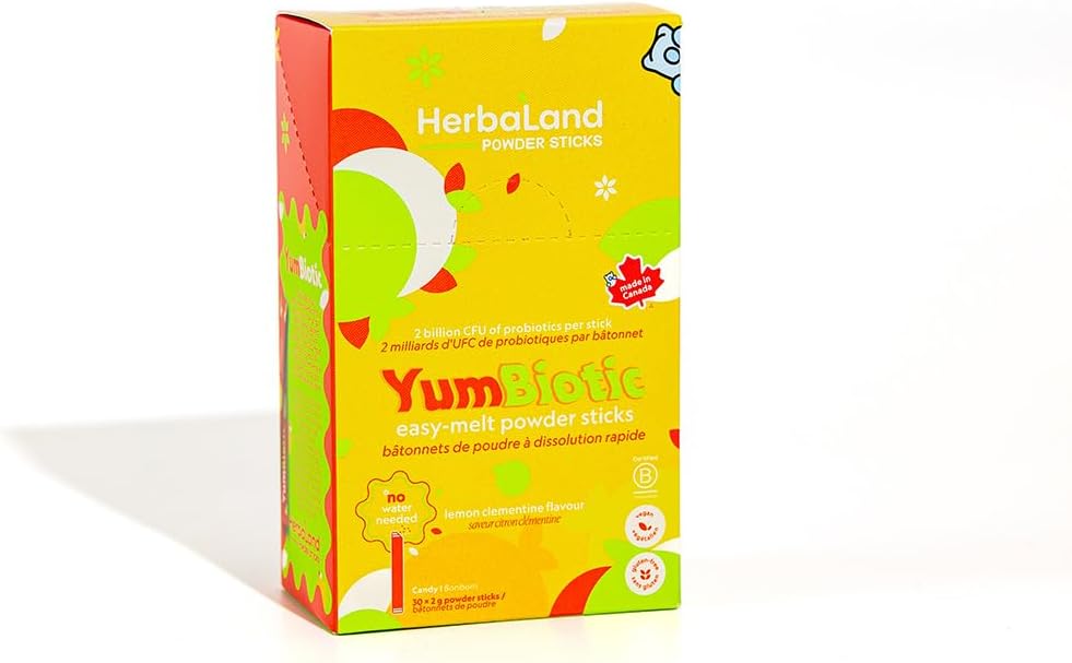 Herbaland Naturals YumBiotic Powder Stick - Vegan Probiotics & Prebiotics, Strawberry Lemon Flavor, 2 Billion CFU (1 Box)