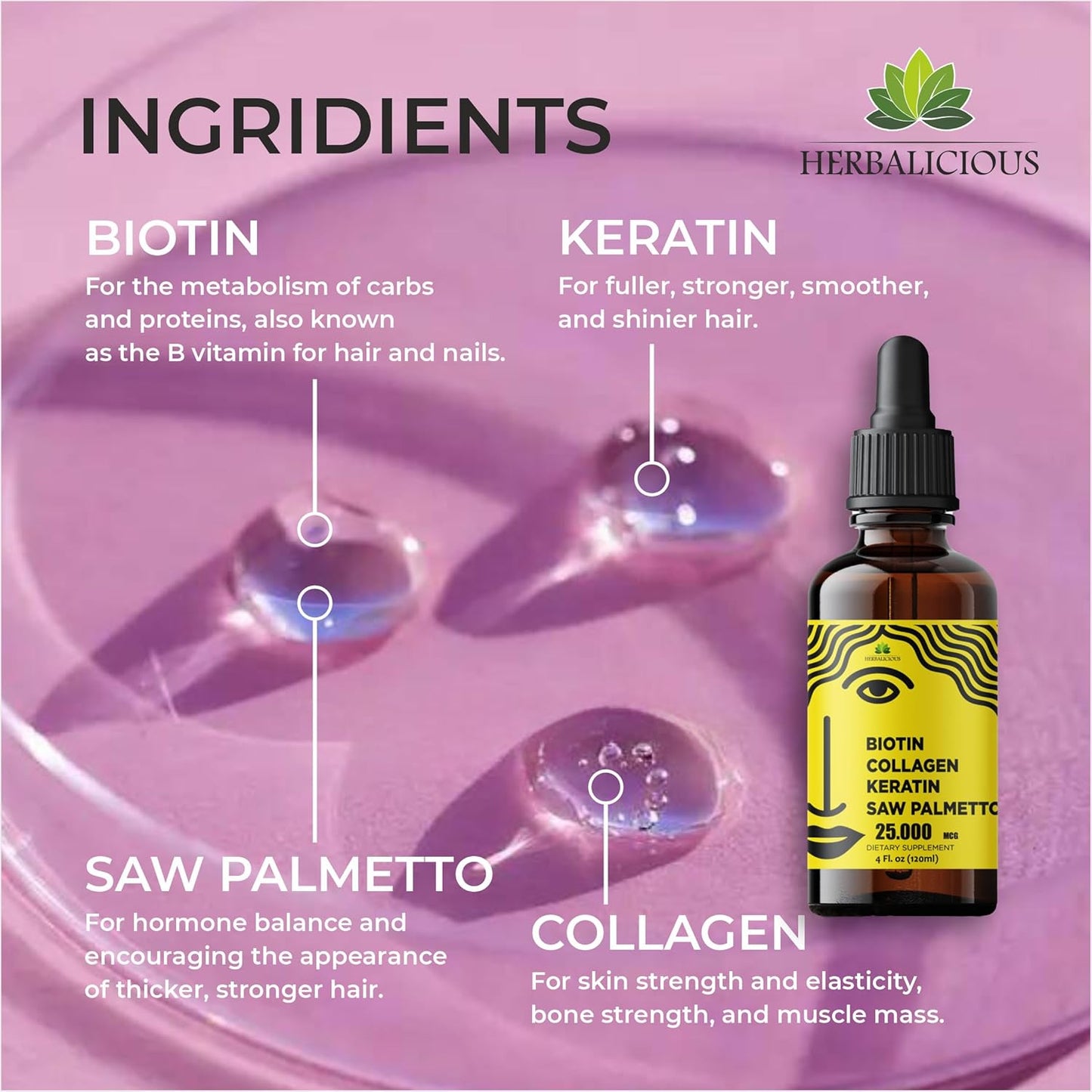 Herbalicious Liquid Biotin Collagen Keratin Supplement for Women - Hair Skin Nails Formula with 10000mcg Collagen, 5000mcg Biotin, Keratin & Saw Palmetto - 4fl oz