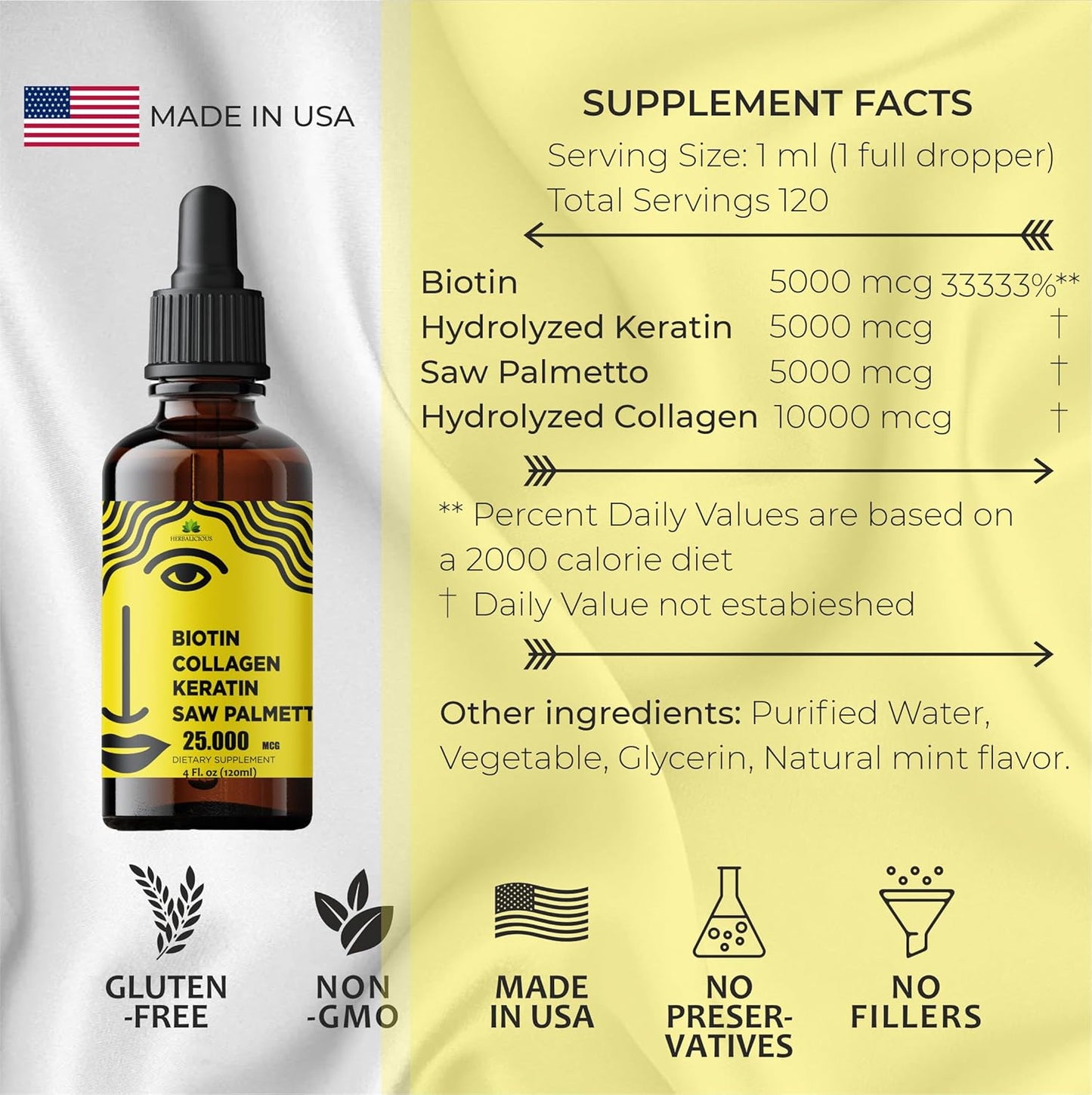 Herbalicious Liquid Biotin Collagen Keratin Supplement for Women - Hair Skin Nails Formula with 10000mcg Collagen, 5000mcg Biotin, Keratin & Saw Palmetto - 4fl oz