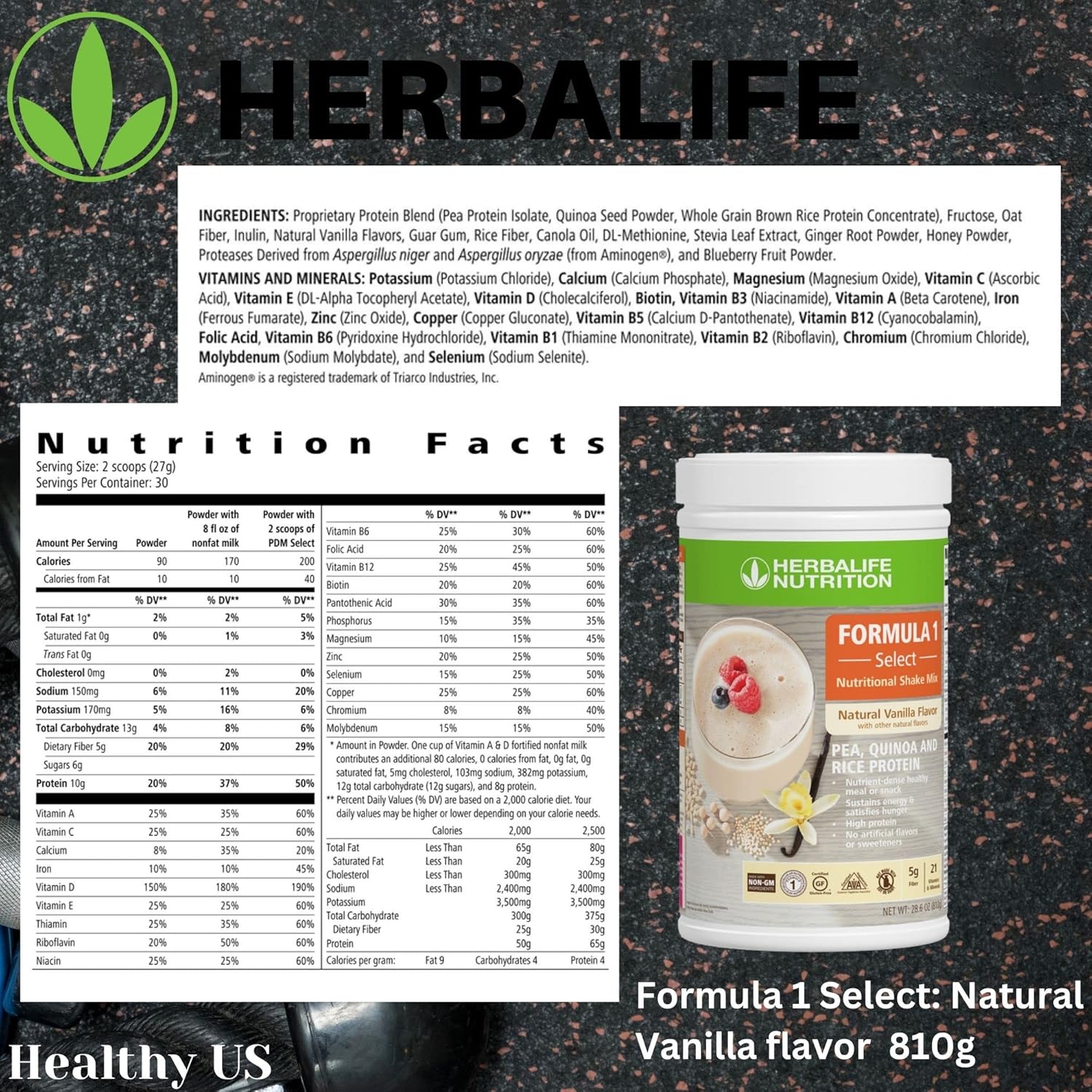 Herbalife DUO: Formula1 Select Natural Vanilla 810g + Protein Drink Mix 638g, Nutrient-Dense Meal/Snack, No Artificial Sweeteners, Gluten-Free Pack of 2